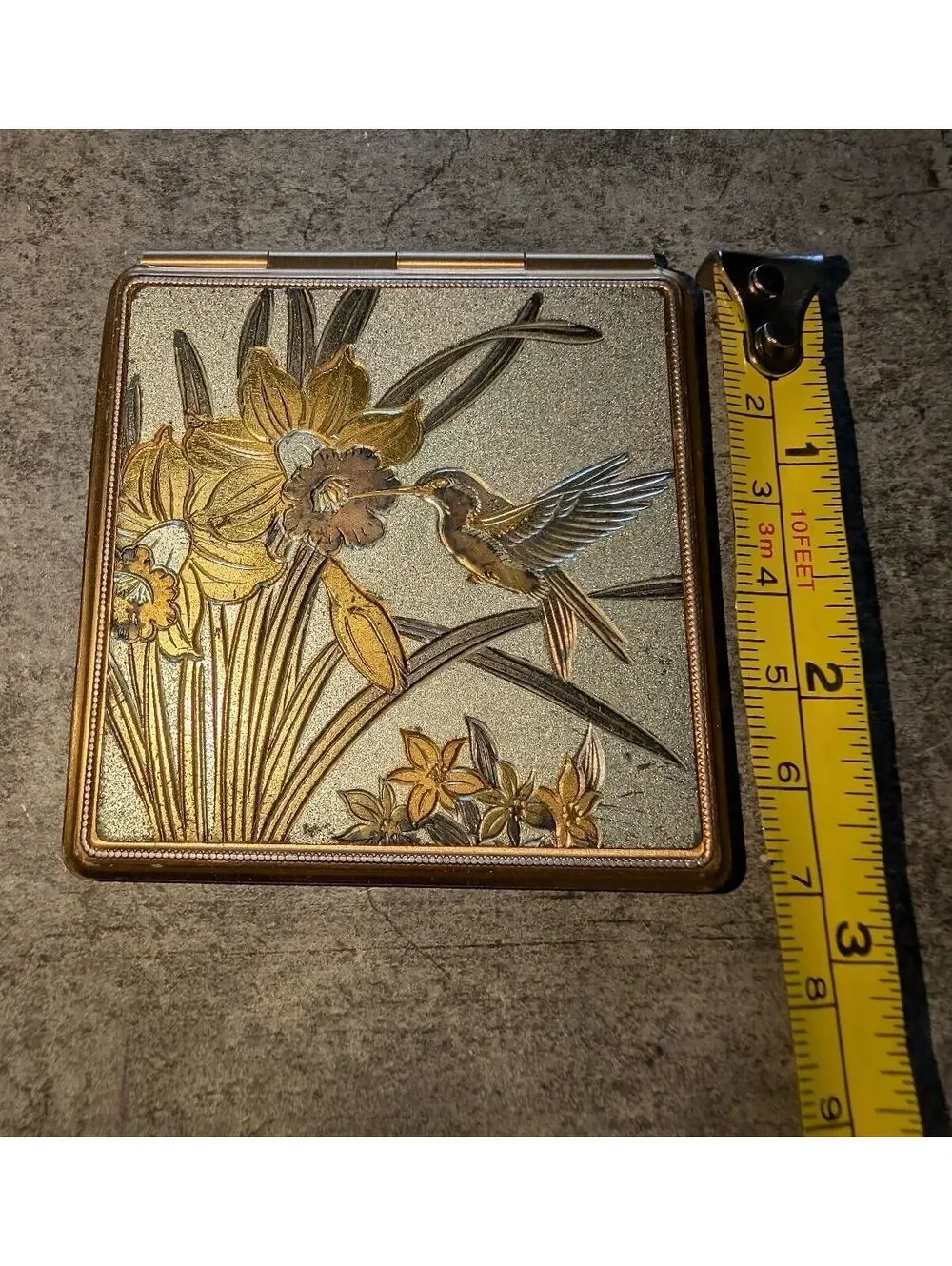 Vintage 1980s Japanese Art of Chokin Hummingbird Etched Compact Mirror Metallic